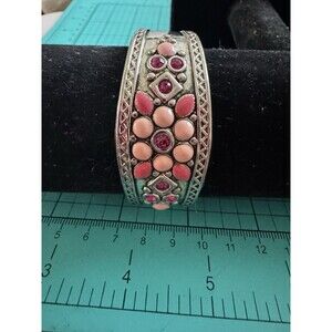 Signed Best Western Cuff Bracelet Silver Plated Pink Enamel & Gems Southwestern